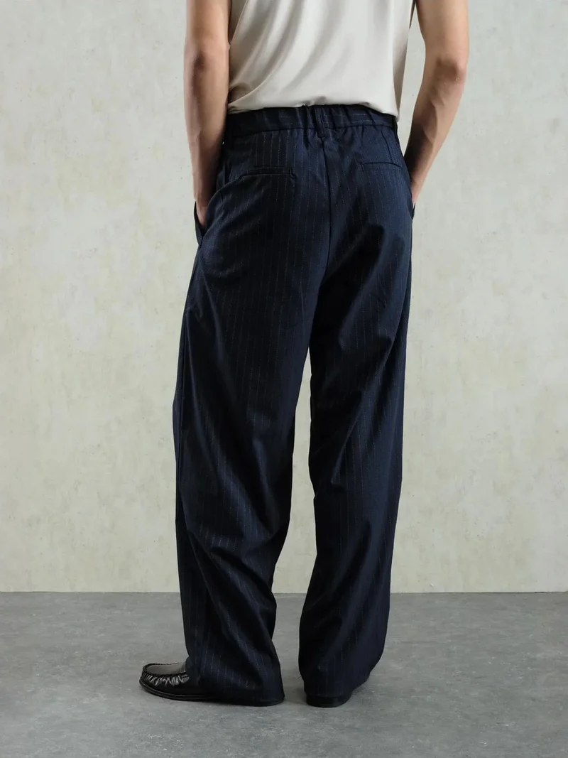 Giesto Navy Blue GIESTO Pleated Striped Gabardine Pants for Men | Best Price UAE